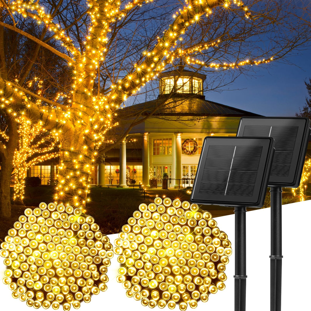 Minetom Solar String Lights Outdoor Waterproof- 40 FT 100 LED Solar Powered String Lights with 8 Lighting Modes, IP65 Waterproof Solar Christmas Lights for Outdoor Outside Tree Party Decor, Warm White