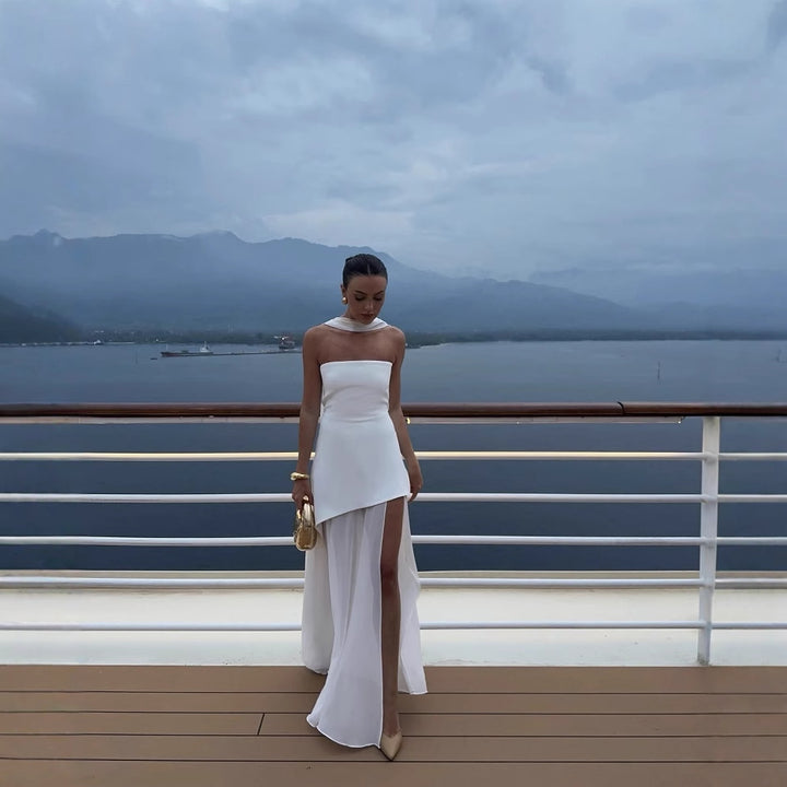 Fashion Strapless Dress With Ribbon Female Elegant Solid Sleeveless dress