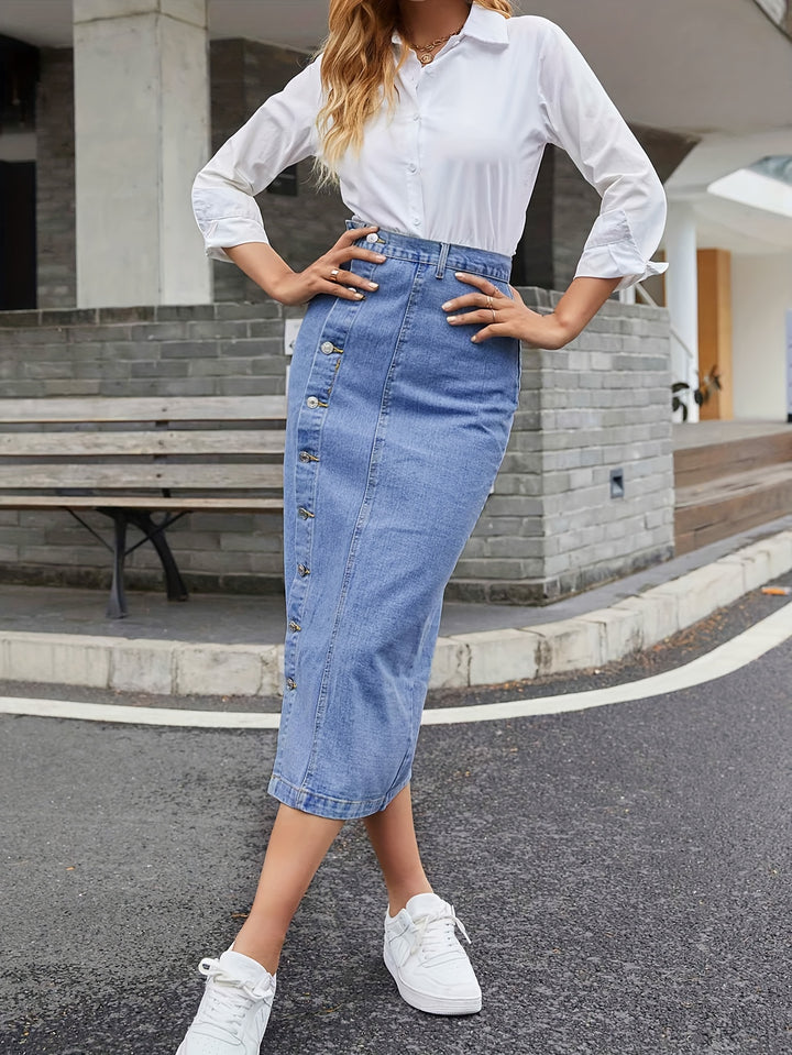 High-Waist Bohemian Denim Skirt with Button Details