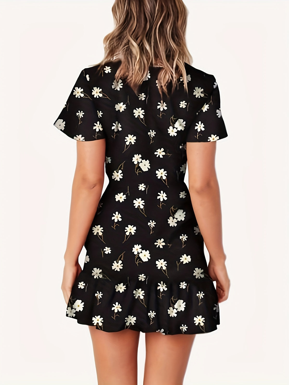 Casual Summer V-Neck Short Sleeve Floral Printed Surplice Neckline Dress