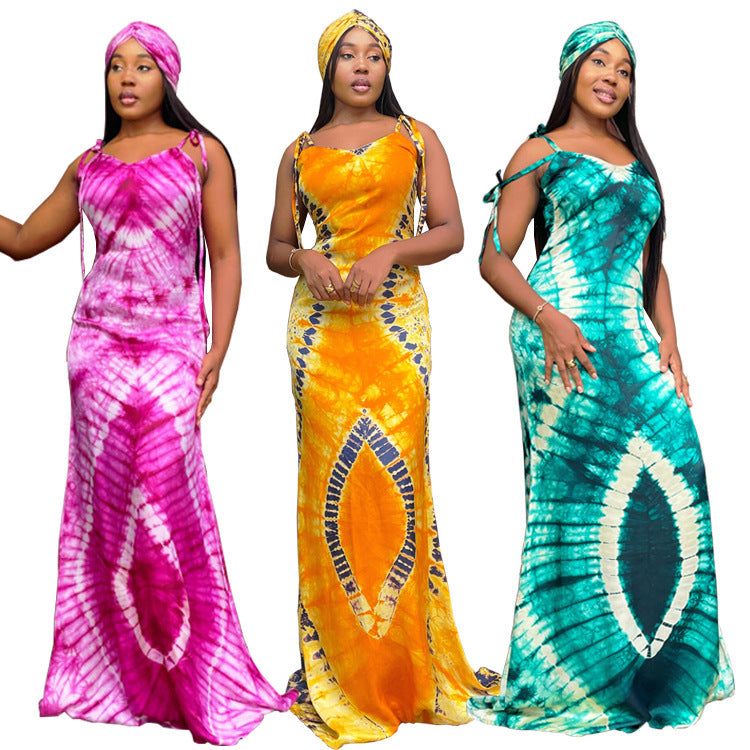 Women's Fashionable Printed Suspenders Slim Fit Long Dress