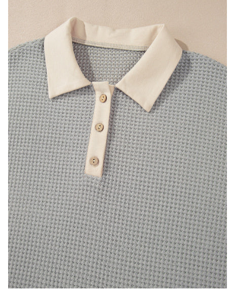 Khaki Textured Colorblock Collared Henley Top