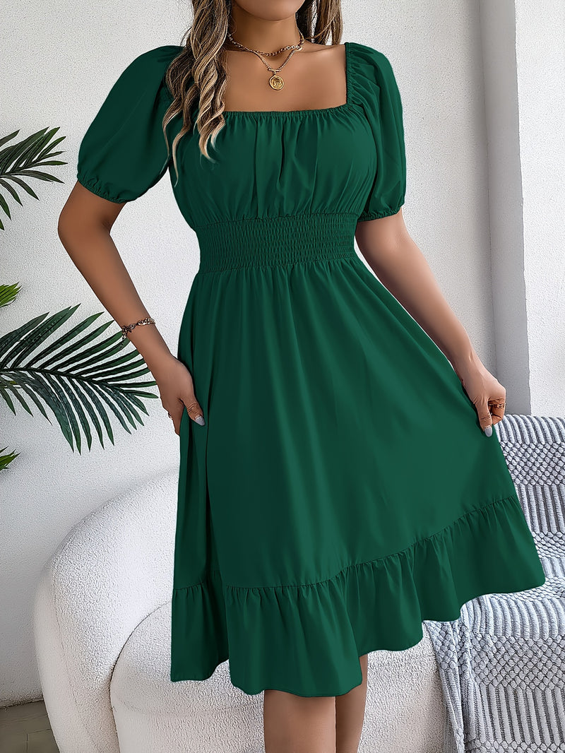 Solid Puff Sleeve Square Neck Dress, Elegant Ruffle Hem Occasion Wear