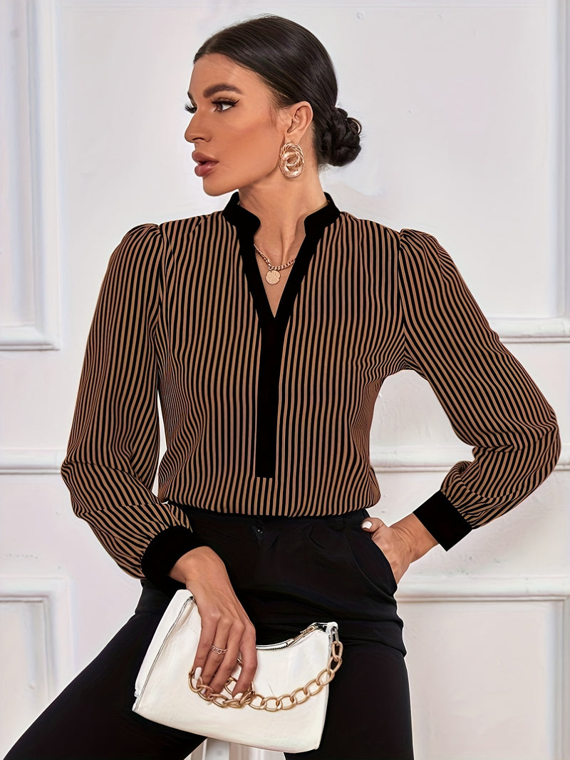 Long Sleeve Notched Neck Chic Striped Print Blouse