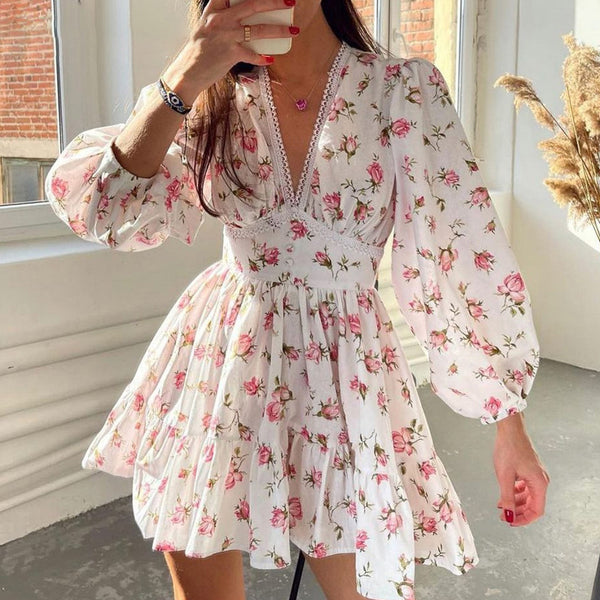 Women's Floral Puff Sleeve Mini Dress