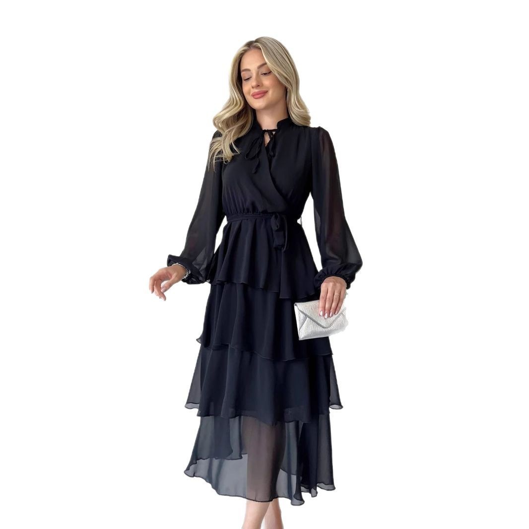 Solid Color Chiffon Long Sleeve Multi-layer Lace-up Elegant Dress Women
