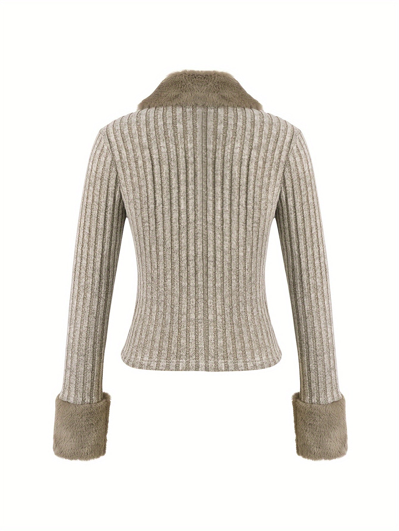 V-Neck Faux Fur Sweater – Zip Accent Knit Top