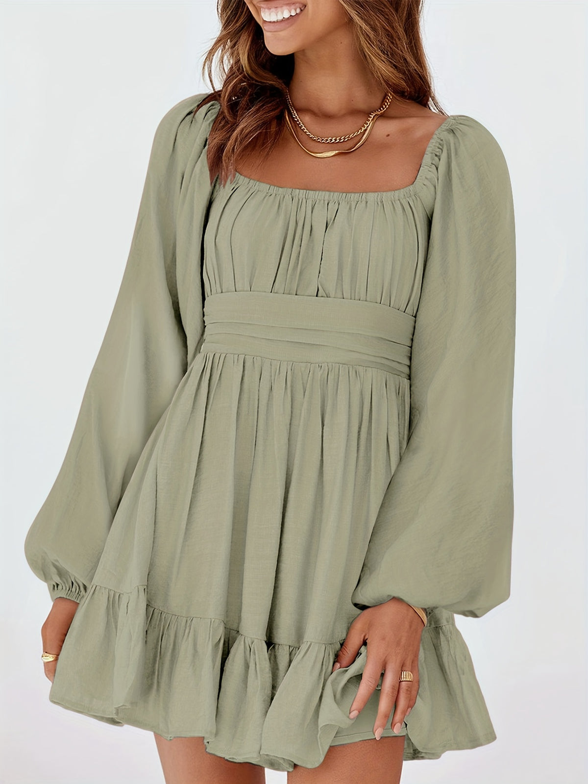 Lantern Sleeve Square Neck Tie Backless Elastic Waist Elegant Ruffle Dress