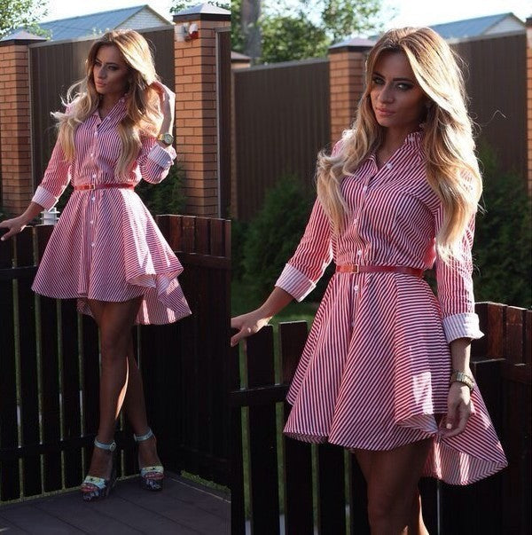 Stylish Mid Waist Button Down Striped Long Sleeve Shirt Women’s Dress