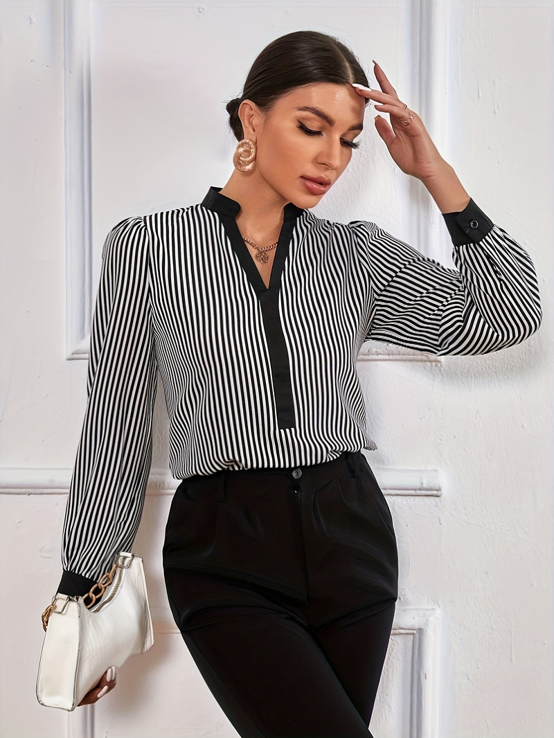 Long Sleeve Notched Neck Chic Striped Print Blouse