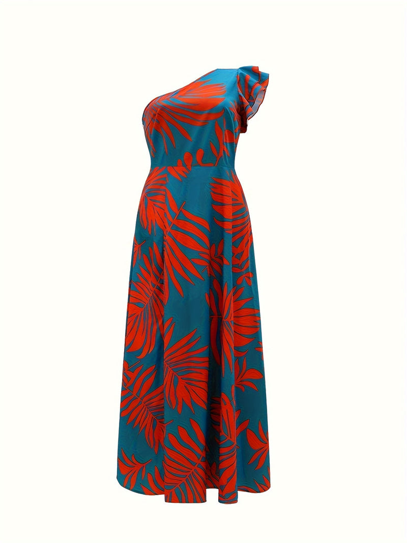 One Shoulder Tropical Print Maxi Dress for Women