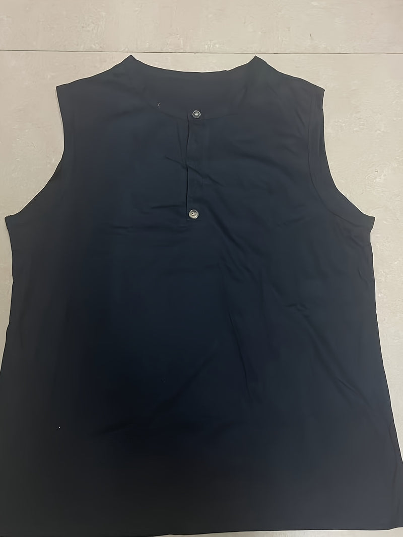 Mens Solid Sleeveless Henley Tank Top