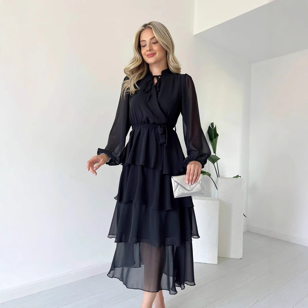 Solid Color Chiffon Long Sleeve Multi-layer Lace-up Elegant Dress Women
