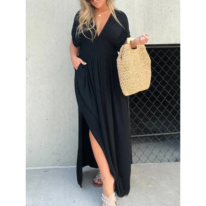 Fashion Bat-sleeved V-neck Slit Summer Dress