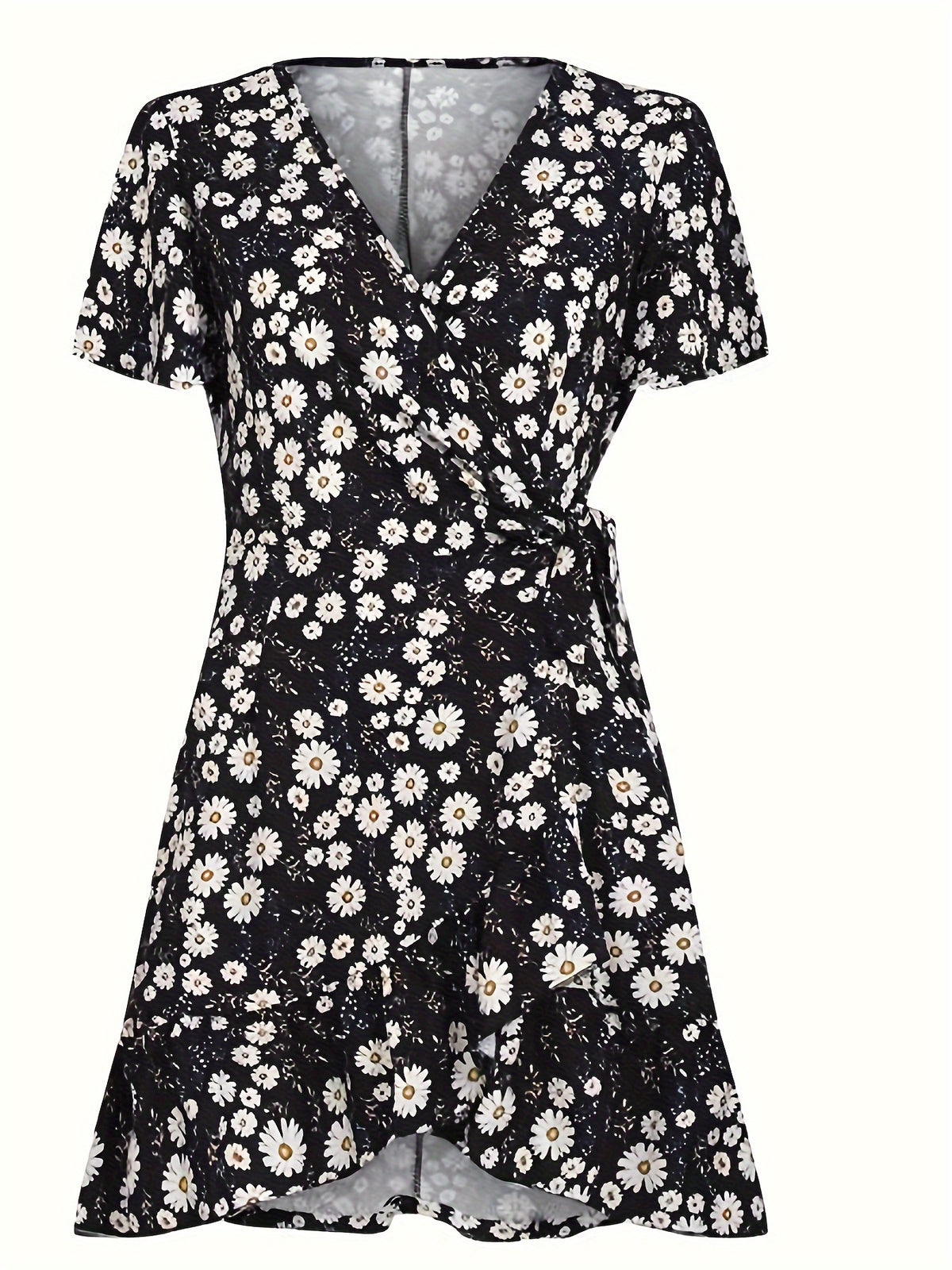 Casual Summer V-Neck Short Sleeve Floral Printed Surplice Neckline Dress
