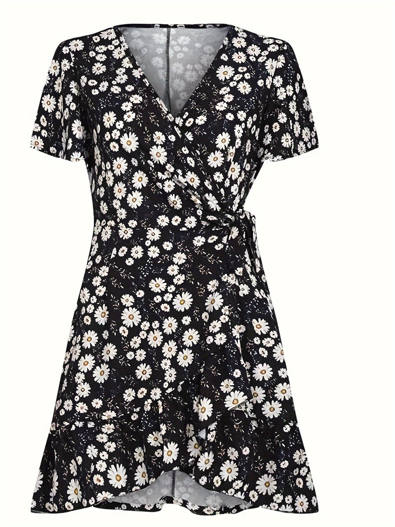 Floral Wrap Dress with Tie Waist & Ruffle Hem