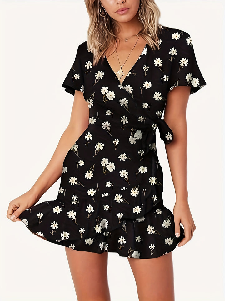 Floral Wrap Dress with Tie Waist & Ruffle Hem