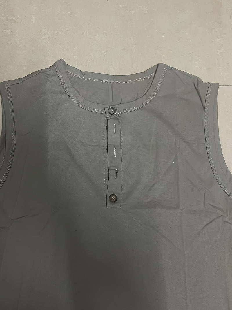 Mens Solid Sleeveless Henley Tank Top