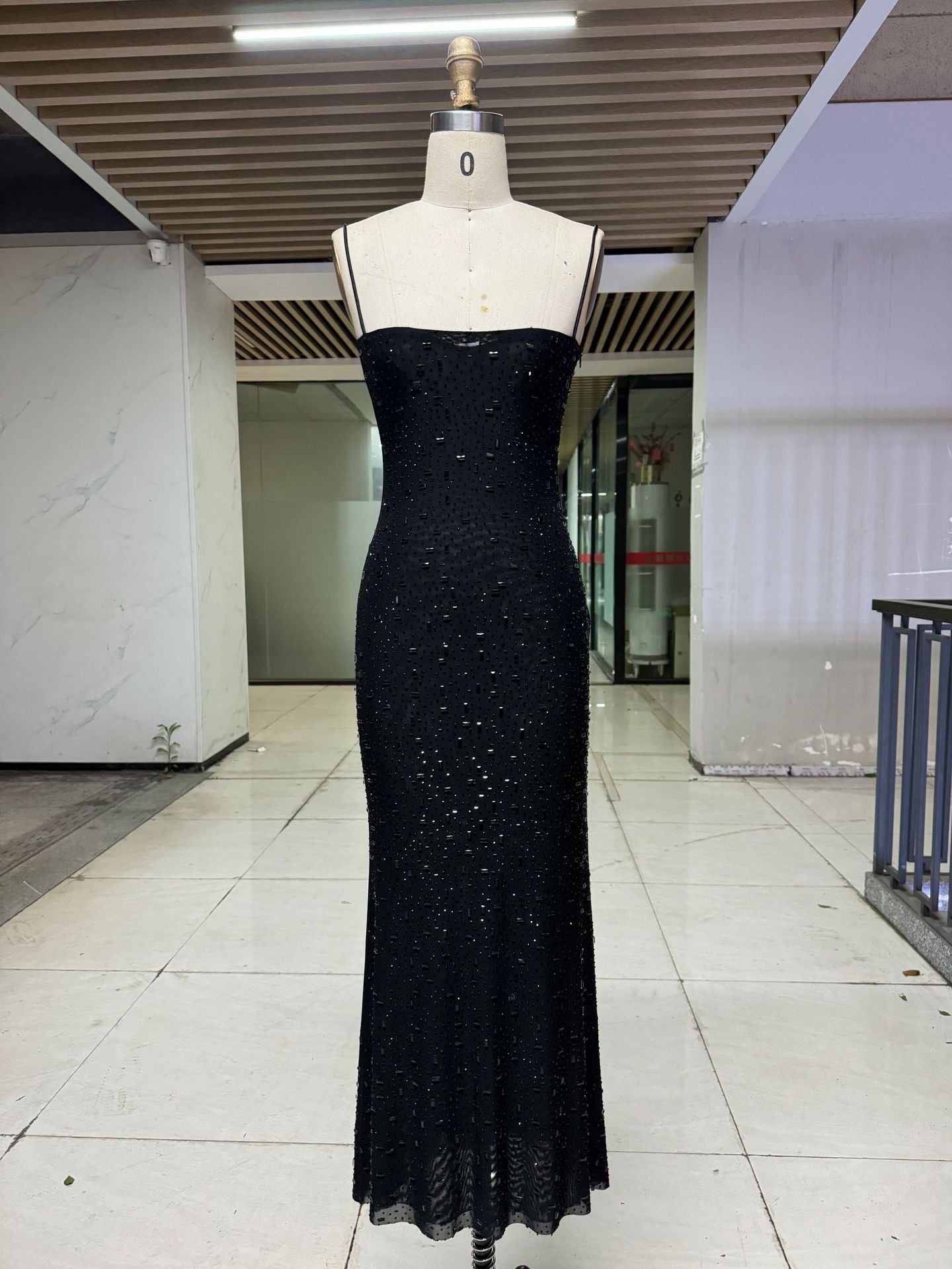 Elegant Nude & Black Sequin Spaghetti Strap Dress