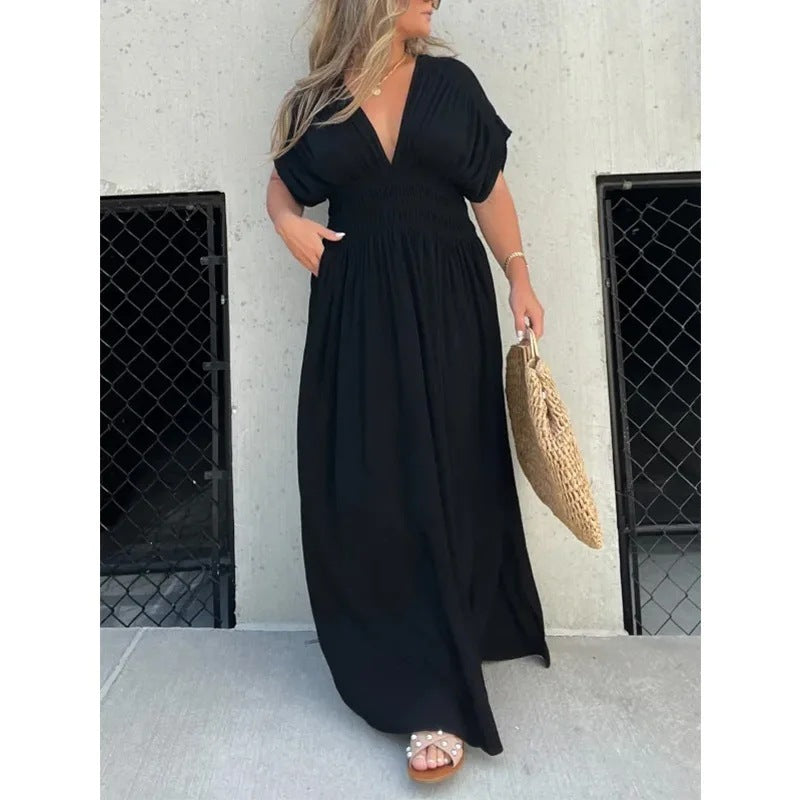 Fashion Bat-sleeved V-neck Slit Summer Dress