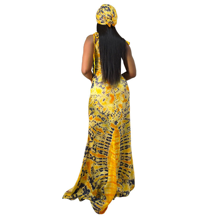 Women's Fashionable Printed Suspenders Slim Fit Long Dress