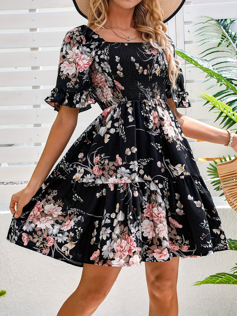 Floral Shirred Waist Square Neck Dress