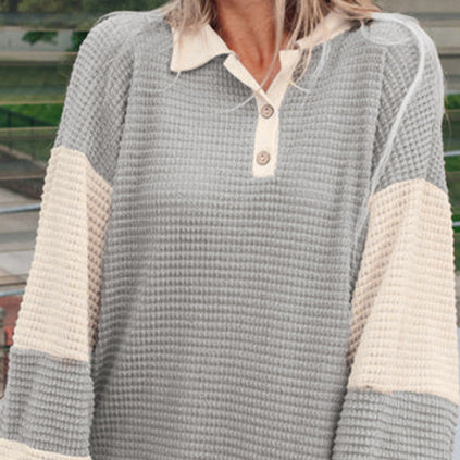 Khaki Textured Colorblock Collared Henley Top