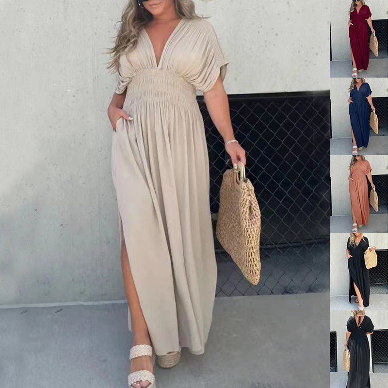 Fashion Bat-sleeved V-neck Slit Summer Dress