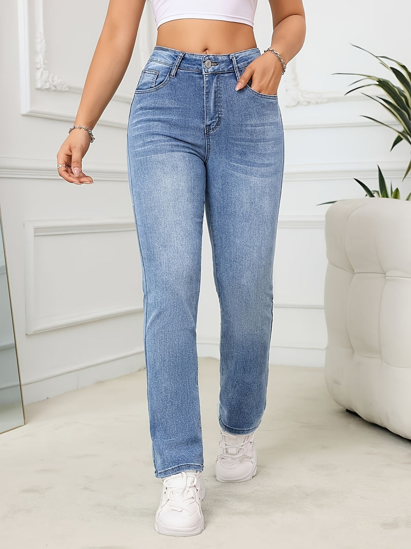 Stretchy High-Waist Slim Fit Straight-Leg Denim Jeans