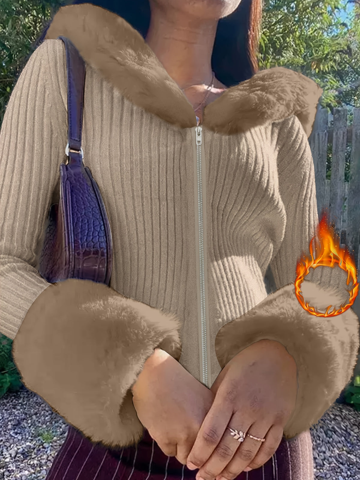 V-Neck Faux Fur Sweater – Zip Accent Knit Top