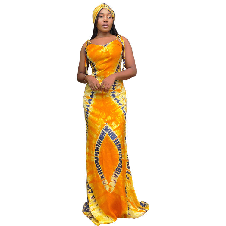 Women's Fashionable Printed Suspenders Slim Fit Long Dress