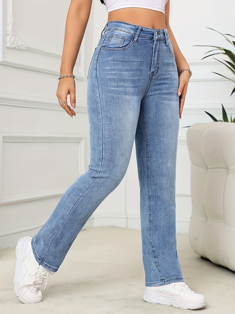 Stretchy High-Waist Slim Fit Straight-Leg Denim Jeans