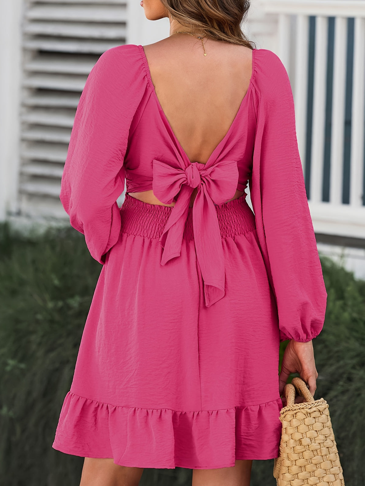 Lantern Sleeve Square Neck Tie Backless Elastic Waist Elegant Ruffle Dress