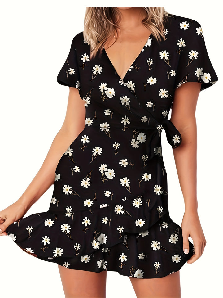 Floral Print Surplice Neck Wrap Dress