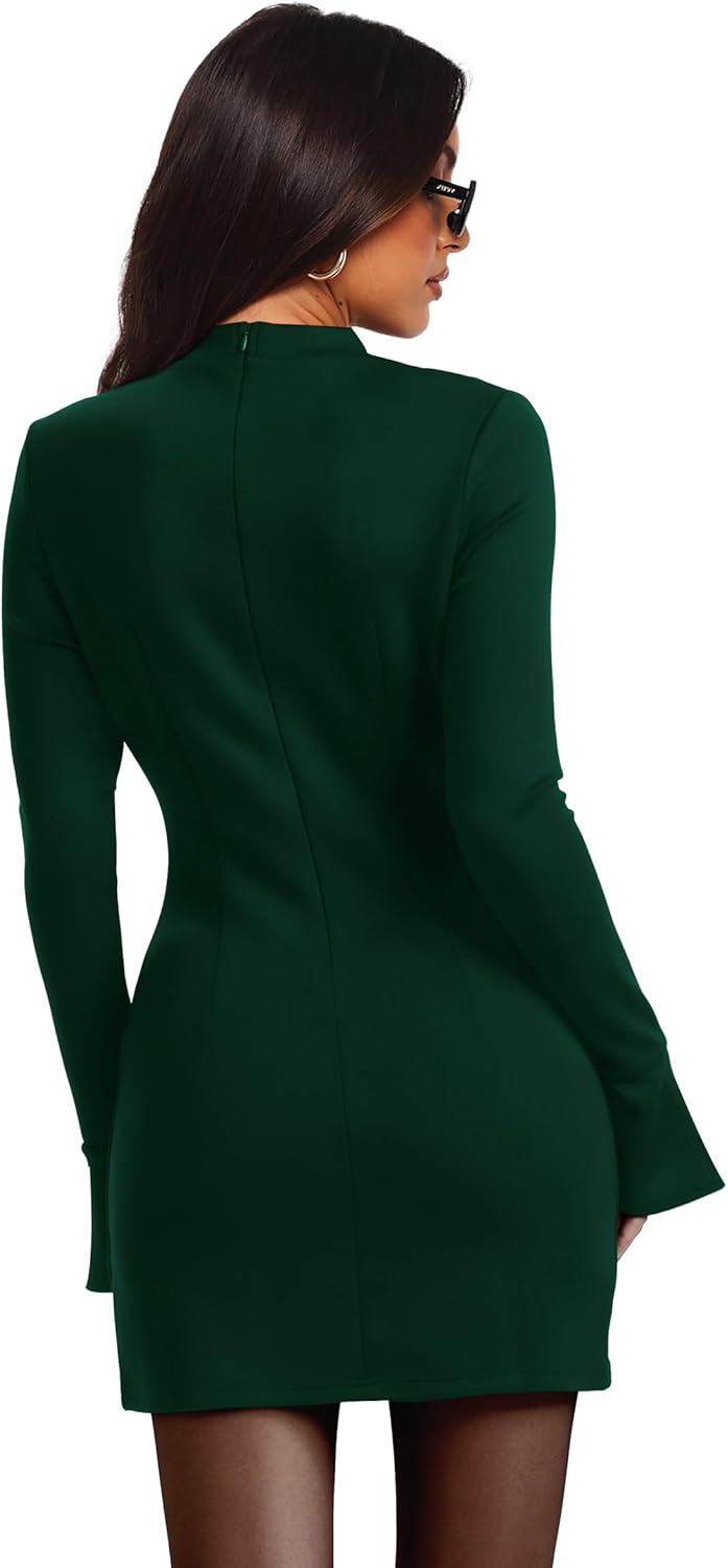 OFEEFAN Women's Fall Long Sleeve Mock Neck Dress Basic Party Club Bodycon Mini Dresses