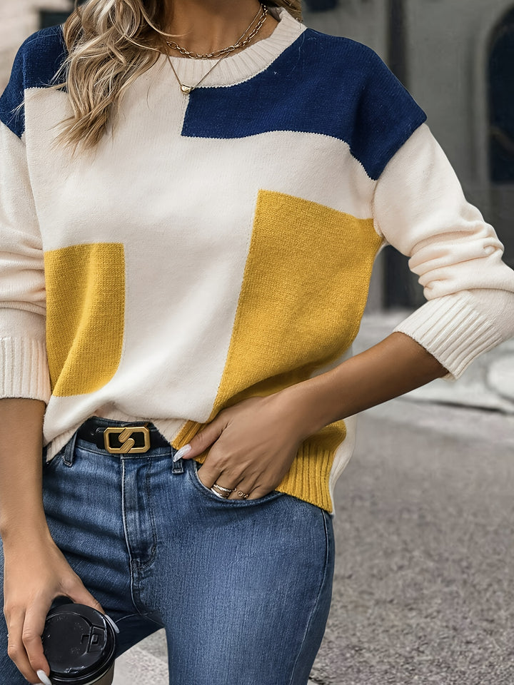 Stylish Color Block Crew Neck Pullover top