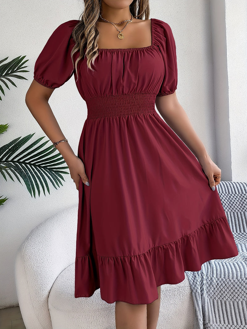 Solid Puff Sleeve Square Neck Dress, Elegant Ruffle Hem Occasion Wear