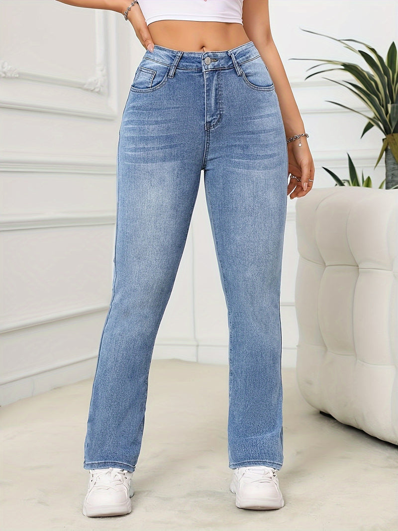 Stretchy High-Waist Slim Fit Straight-Leg Denim Jeans