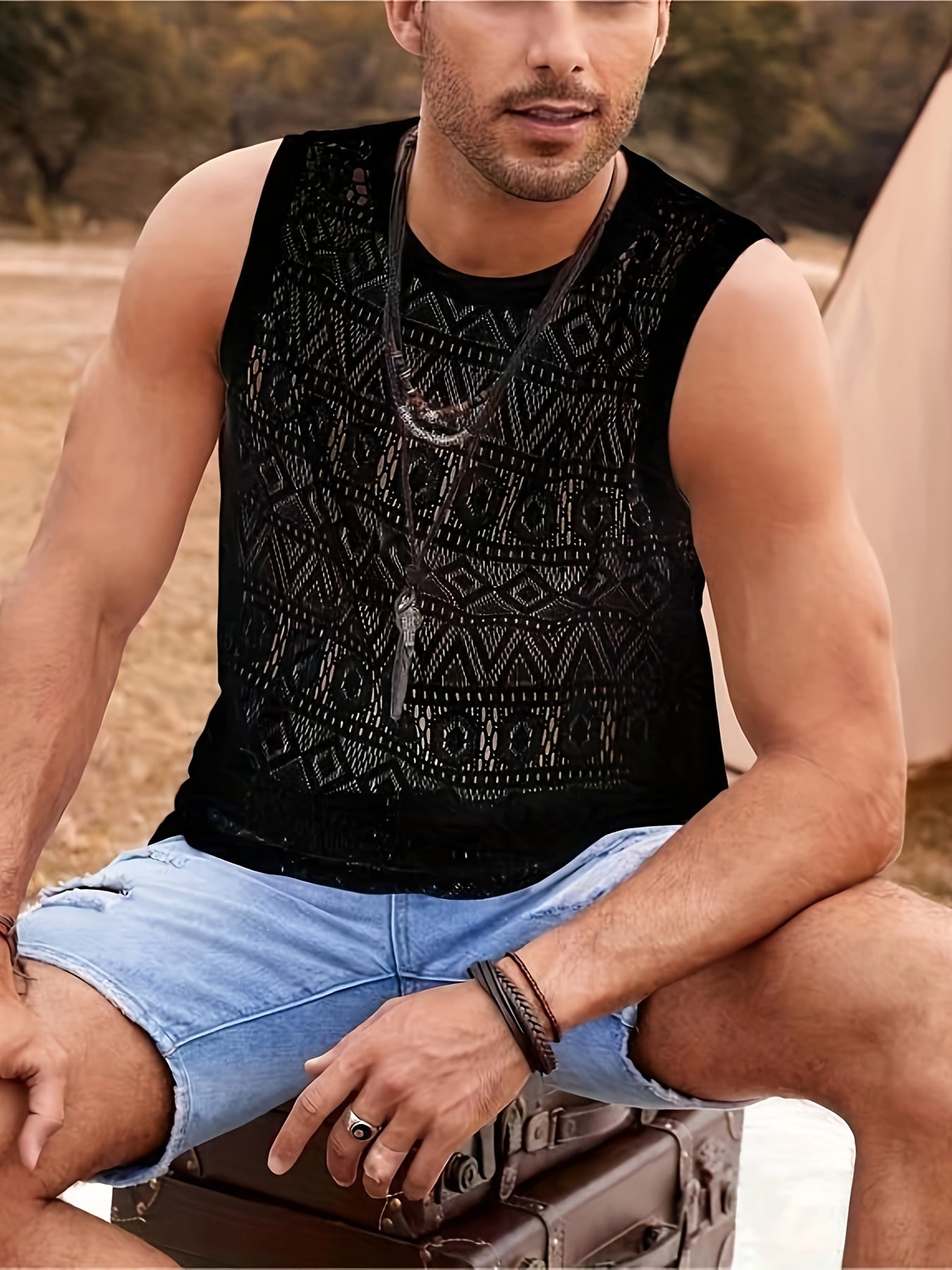Men's Ethnic Hollow Out Tank Top