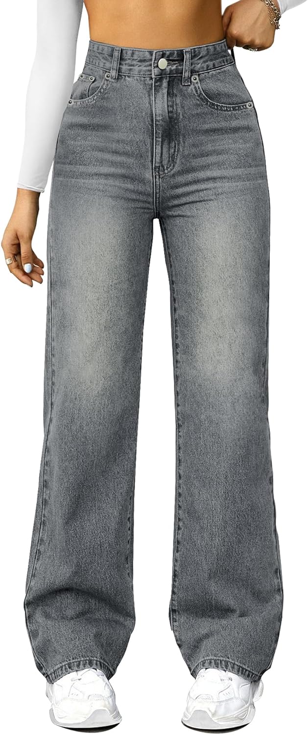 ,High Waisted Wide Leg Loose Microelastic Denim Pants