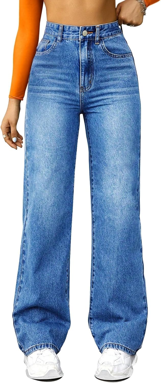 ,High Waisted Wide Leg Loose Microelastic Denim Pants