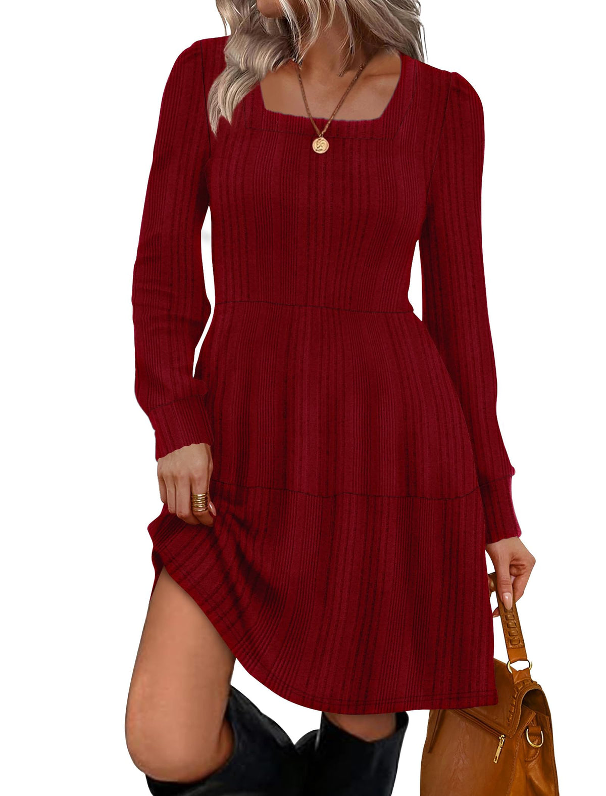 Sampeel Womens Square Neck Long Sleeve Fall Dresses Casual Babydoll Sweater Dress