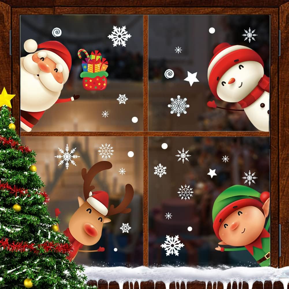 XIMISHOP 82PCS Christmas Snowflake Window Clings Stickers for Glass, Xmas Decals Christmas Decorations Indoor Holiday Snowflake Santa Claus Reindeer Decals for Party