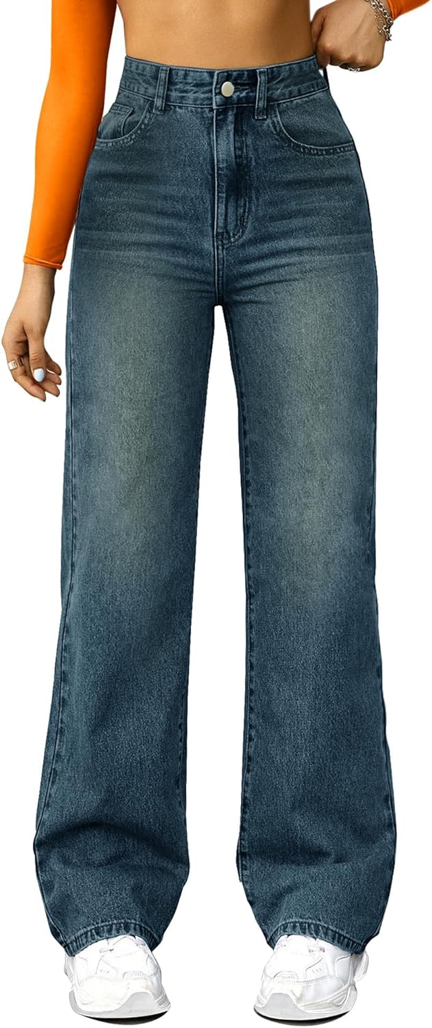 ,High Waisted Wide Leg Loose Microelastic Denim Pants
