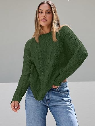 Trendy Queen Women's Oversized Cable Knit Crewneck Sweaters