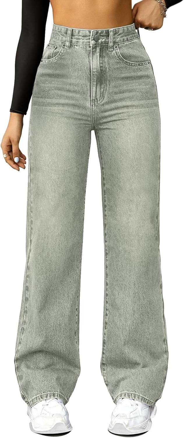 ,High Waisted Wide Leg Loose Microelastic Denim Pants