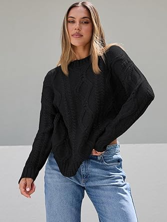 Trendy Queen Women's Oversized Cable Knit Crewneck Sweaters