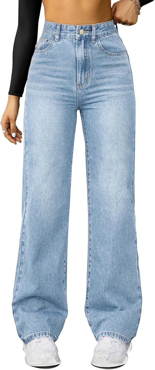 ,High Waisted Wide Leg Loose Microelastic Denim Pants
