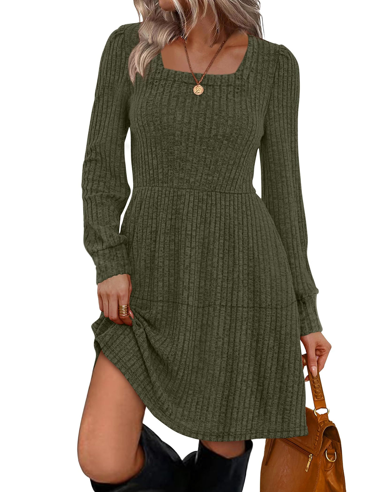 Sampeel Womens Square Neck Long Sleeve Fall Dresses Casual Babydoll Sweater Dress