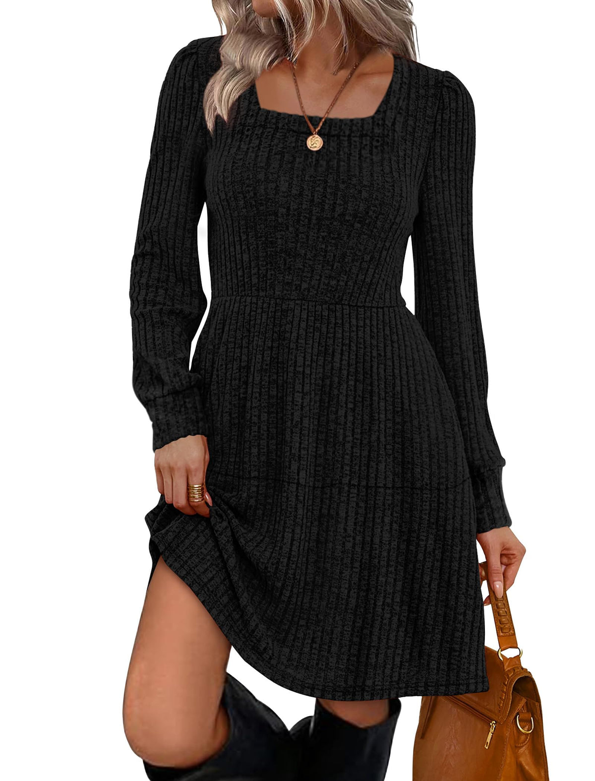 Sampeel Womens Square Neck Long Sleeve Fall Dresses Casual Babydoll Sweater Dress